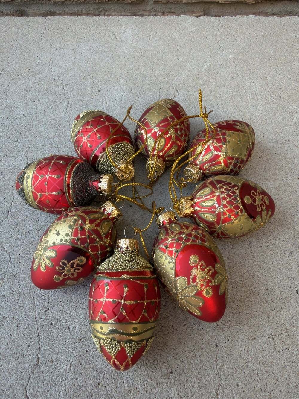 Red & Gold Glass Egg Christmas Tree Ornaments Set of 8 Glittered 2.5”